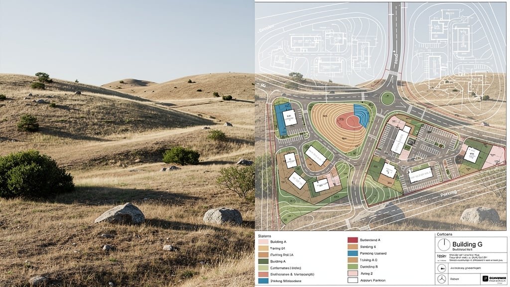 Before and after land survey comparison showing development planning with CAD drawings