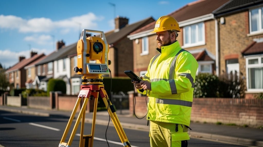 Professional surveyor using total station equipment for measured survey