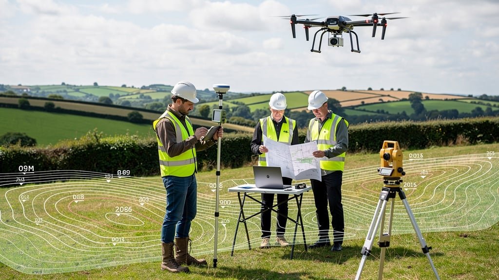 Topographic survey with GPS equipment measuring land topography and natural features